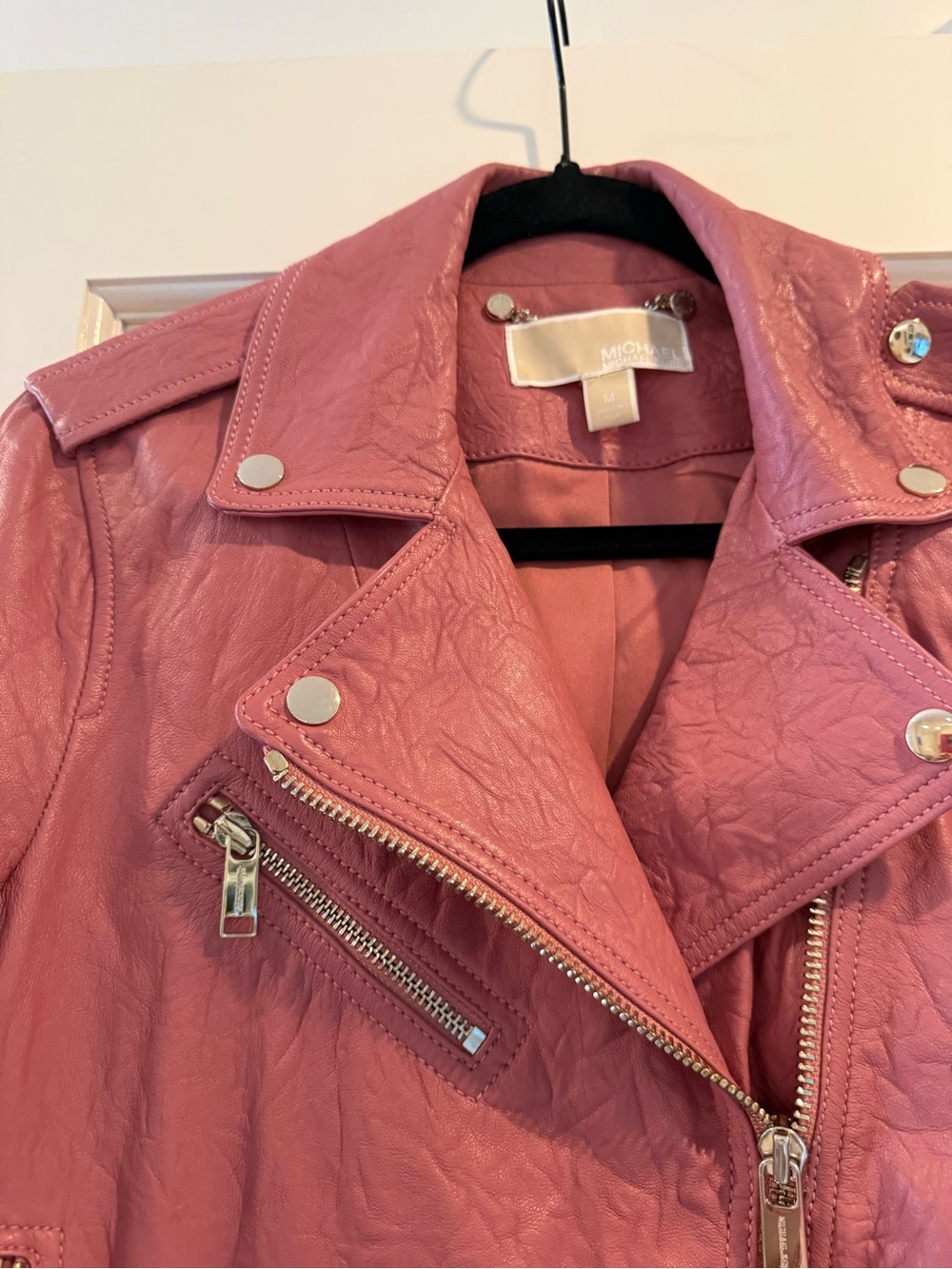 Michael Kors Rose Pink Leather Moto Jacket with Silver Hardware